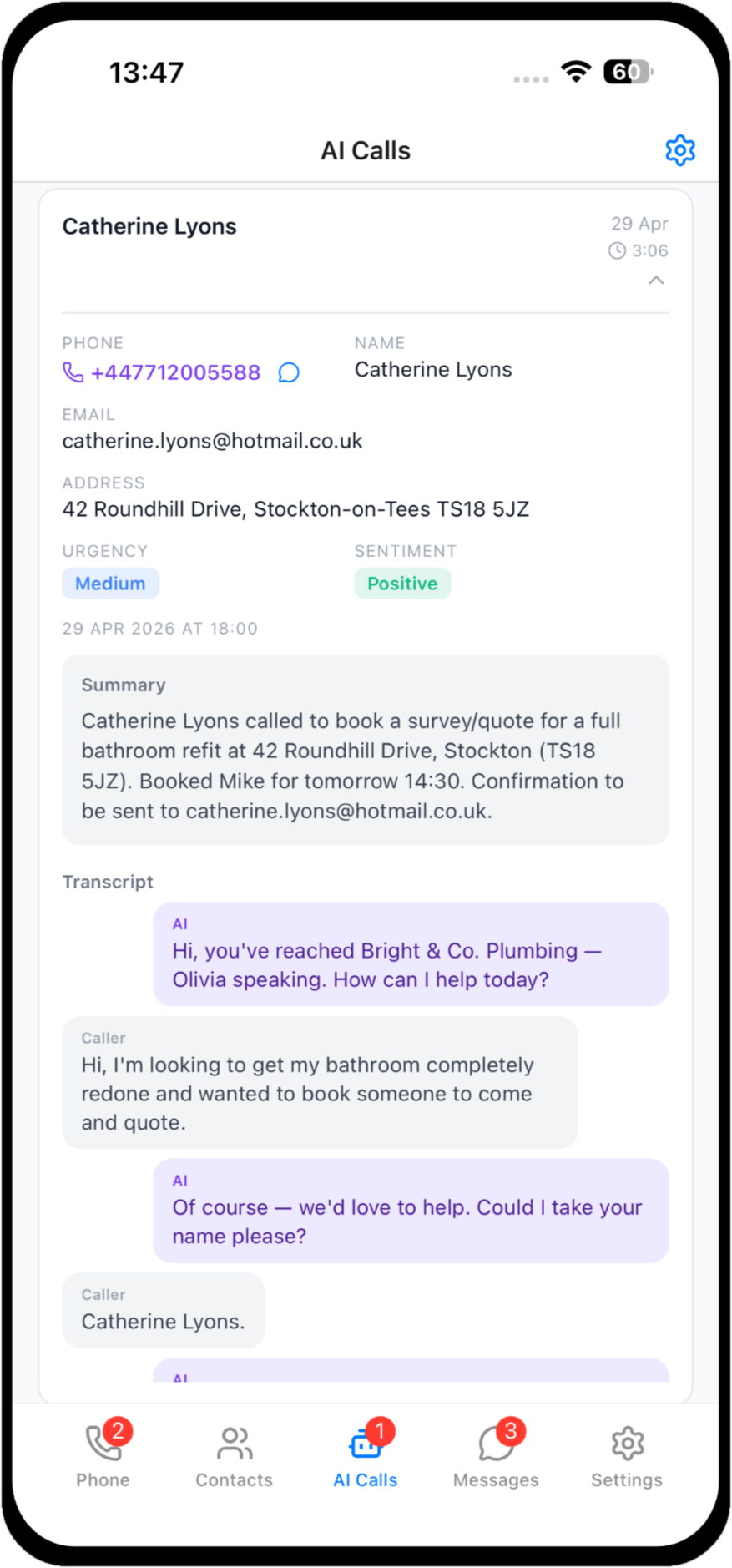 Any Number Anywhere AI Calls screen showing a captured enquiry, summary, and transcript