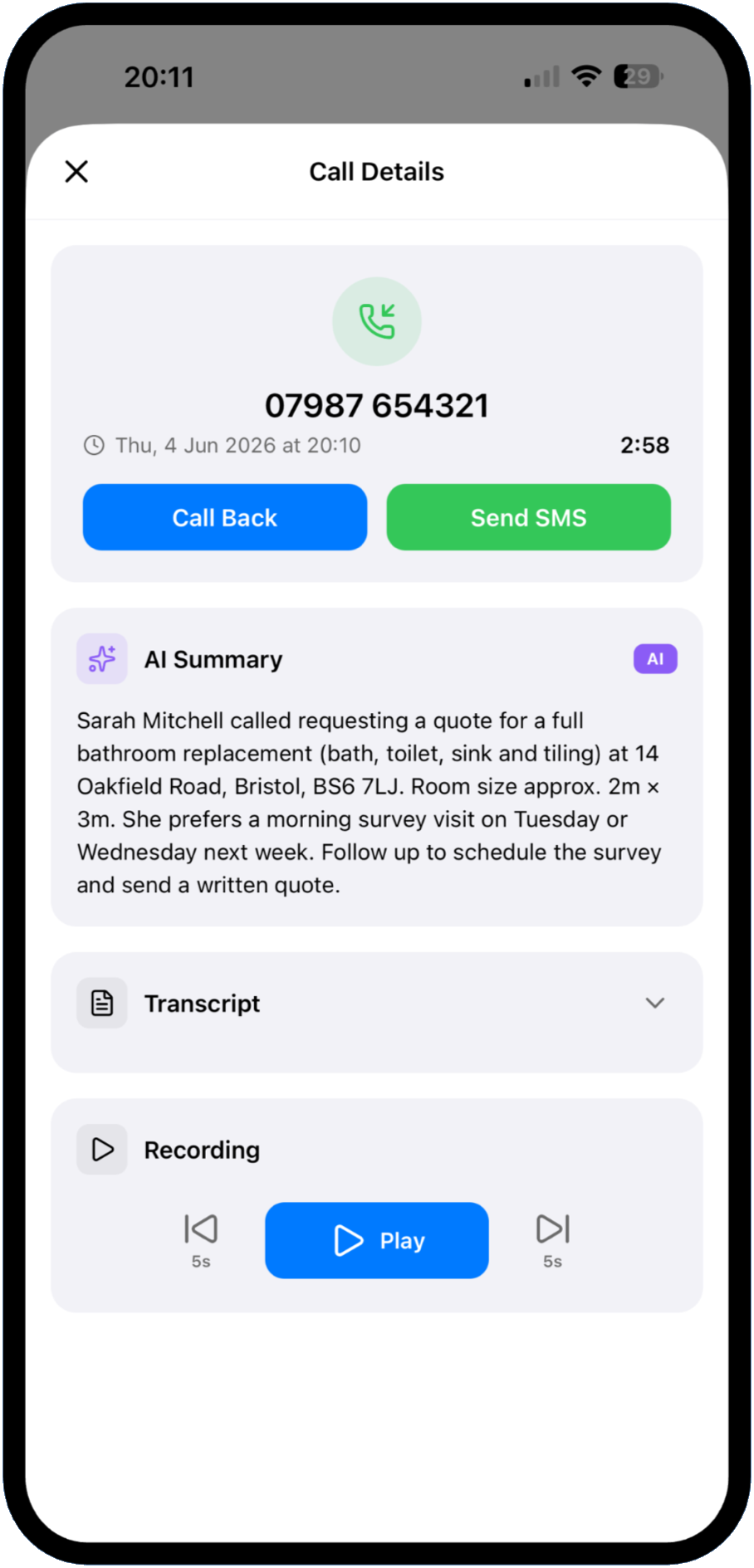 Call details with AI summary and recording playback