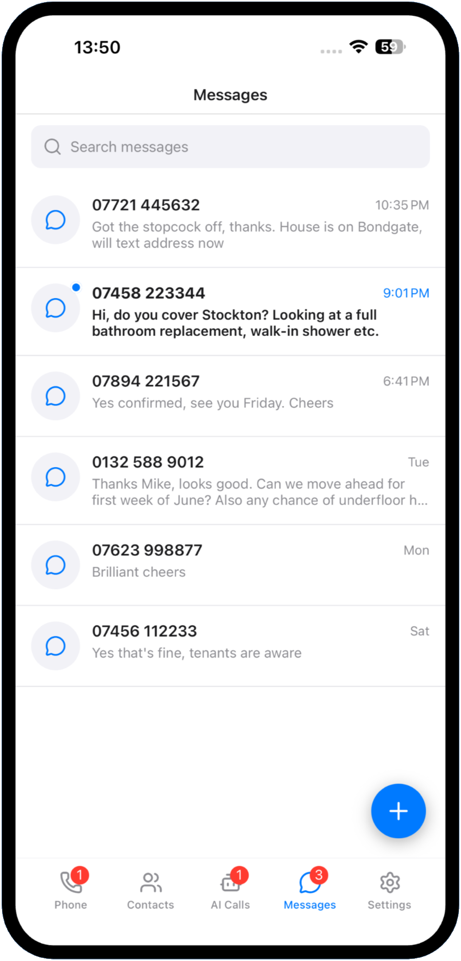 Messages inbox with two-way business SMS threads